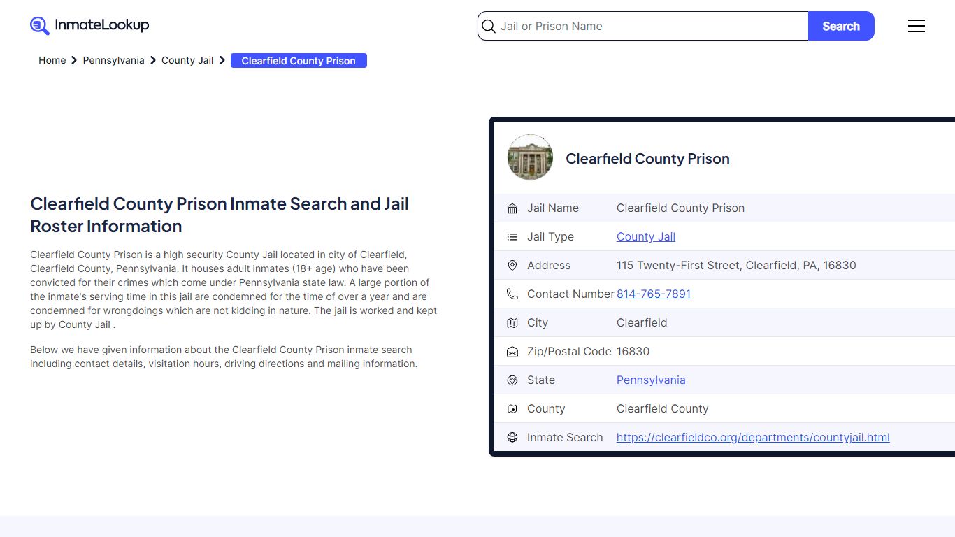 Clearfield County Prison (PA) Inmate Search and Jail Roster Information